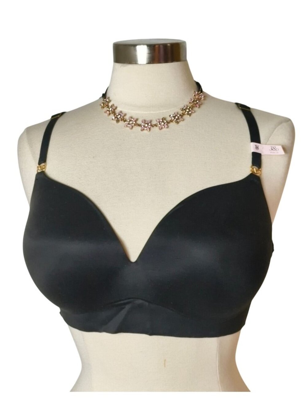 Victorias Secret 38D Push-Up Bra Black Gold Accents Wireless NEW